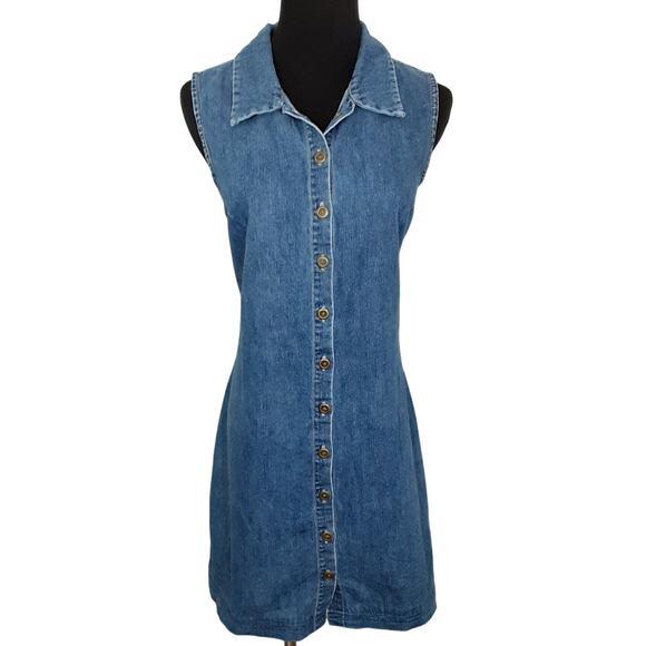 Vintage Dresses & Skirts - Vintage Y2K Denim Shirt Dress Sleeveless Med Blue Wash Jean Mini Dress Womens M